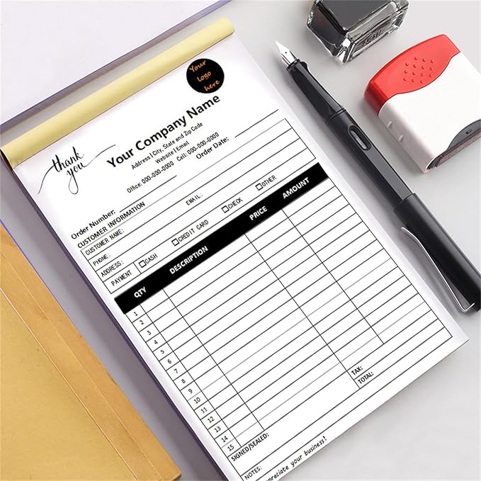 Custom Invoice Book in 3-Part /2-Part Receipt Book with Carbon Copies Personalized Carbonless Service Invoice Form Books Sales Order Book with Company Name Logo Address,C2-Thank You Receipt