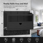 Nekon Mail Organizer with Drawer for Wall, 12"W x 10"H x 3.1"D Mail Sorter Wall Mounted, Wooden Key Holder Wall File Organizer Letter Sorter for Letter Magazines (Black)