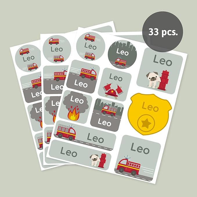 Large Name Labels for Kids (33) - Custom Stickers for Daycare and School Supplies - Durable, Waterproof Stickers for Water Bottles, Lunch Boxes, and More with Unique Designs - Fire