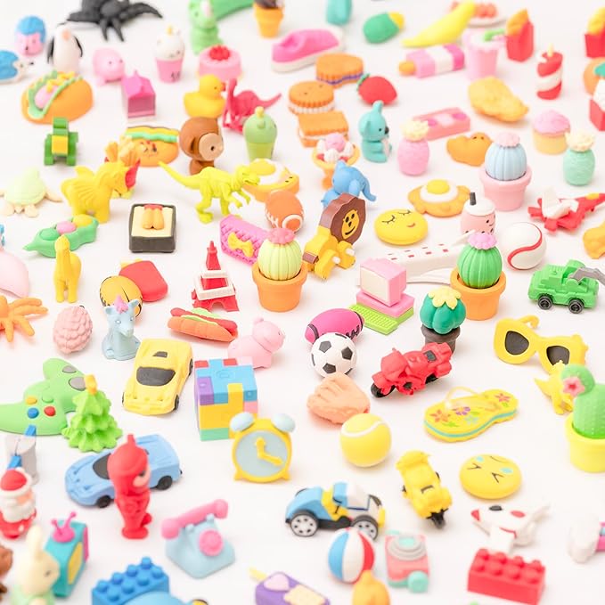 CLOCK KING 210pcs 3D Cute Kids Erasers, Random Desktop Pet Toys Gifts, Classroom Rewards Kids Party Gifts, Various Styles Such as Animals, Food, Plants, Space, Princess, Sports, Halloween, Christmas
