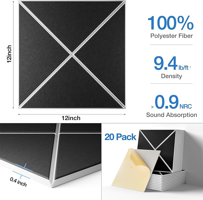 Sonicism 20 Pack X-Lined Acoustic Panels with Self-adhesive, 12"X12"X 0.4" Sound Proof Foam Panels, High Density Decorative Sound panels, Soundproof Wall Panels for Home Office (WhiteBase+BlackFace)