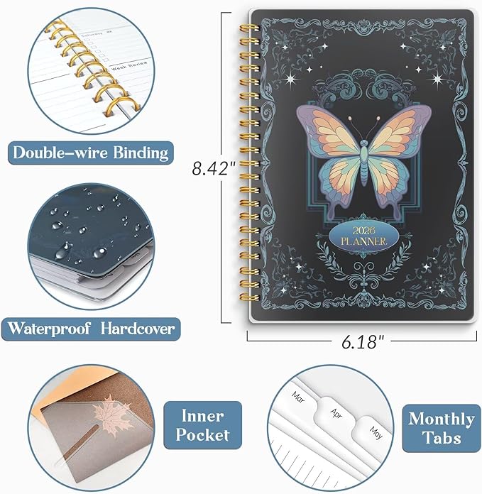 2026 Planner, Weekly and Monthly Planners with Tabs, A5 Spiral Bound Daily Calendar 2026 Planner, 12 Month Agenda Organizers from Jan. to Dec., Flexible Cover Appointment Book(Color Butterfly)