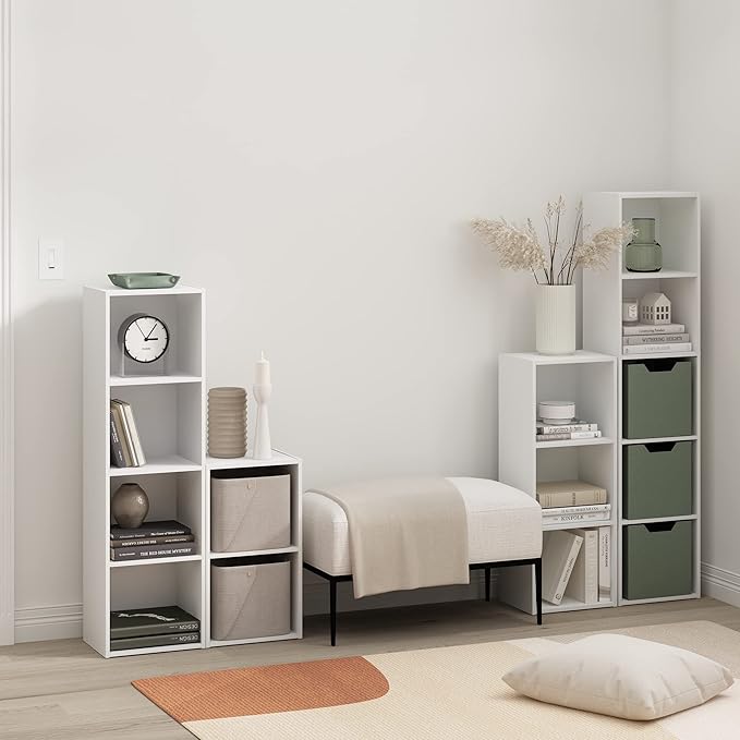 Furinno PASIR Book Shelf, 4-Tier Modern Bookshelf, Open Shelves Bookcase 9 x 12 x 42, for Living Room, Bedroom, Home Office, White