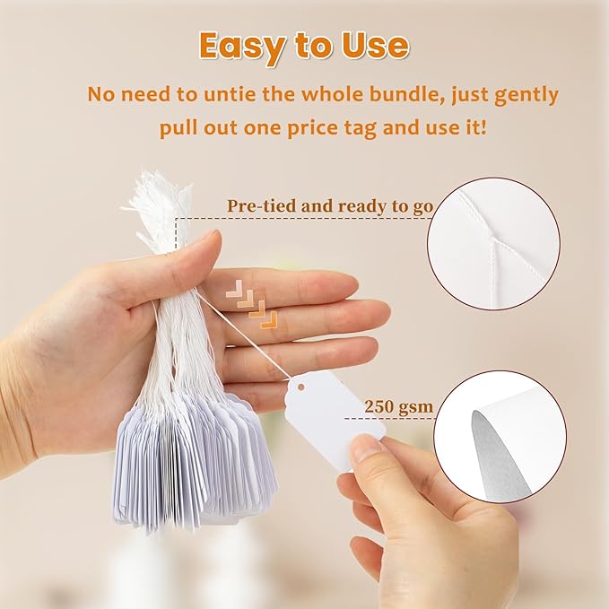 500 PCS White Price Tags with String Attached1.75 x 1.1 Inches, Goefun Blank Labeling Tags for Gift Bags, Hanging, Clothing, Jewelry, Garage/Yard Sale, Inventory, 250 GSM