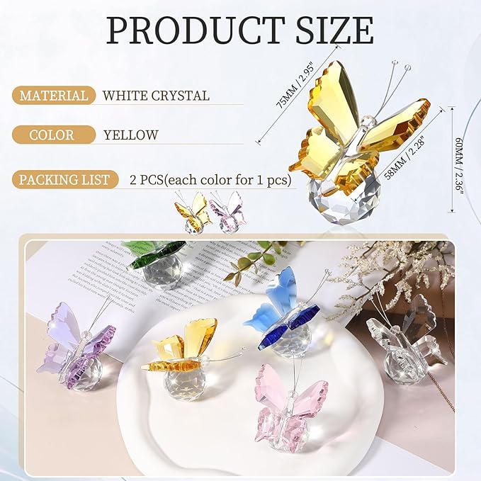 PATIKIL 2 Pcs Butterfly Crystal Paperweight, 75mm / 3 Inch Crystal Paperweight Paper Weight for Home Office Desktop Table Decor Wedding Party Jewelry Ornaments, Pink/Yellow