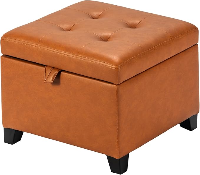 Adeco Small Faux Leather Storage Ottoman with Hinged Lid, 14 Inch High Square Cube Foot Stool with Storage, Upholstered Vanity Stool with Solid Wood Legs for Living Room, Bedroom, Dorm (Warm Orange)