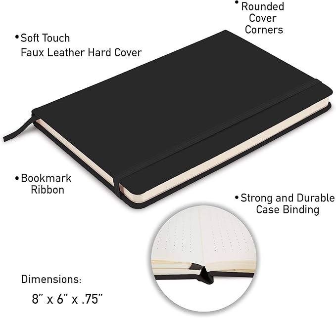 Simply Genius A5 Hardcover Dotted Notebook - Lay-Flat Binding & Grid Pages - Durable Leatherette Cover & Dotted Journal Multipack - Ample 192-Page Bulk Journals - Pack of 20, A5, Black