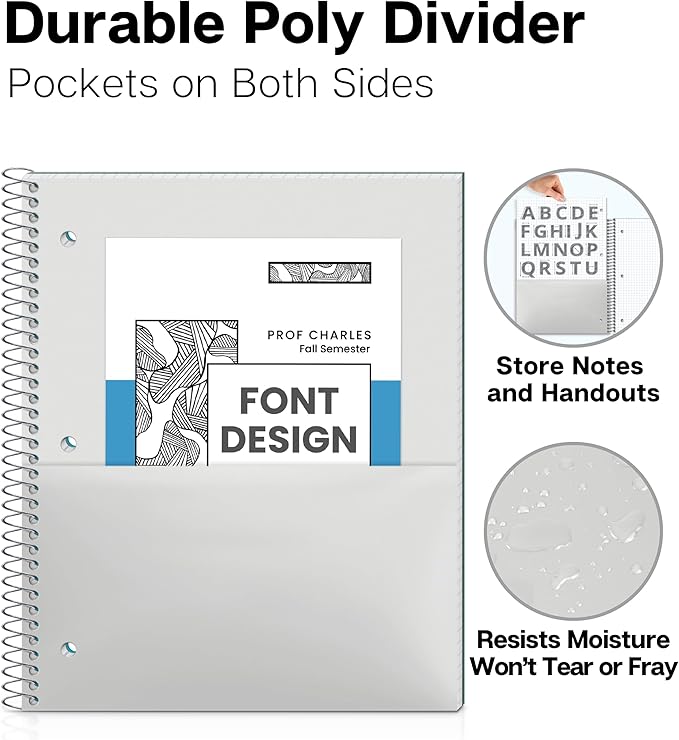 Dunwell Graph Paper Notebook 8.5 x 11 (Blue) Plastic Cover, 100 Sheets (200 Pages), 4x4 Squares, 1 Subject Graph Paper Spiral Notebook, 1/4" Grid, Pocket Divider, Easy Tear-Off, 3-Hole Punched