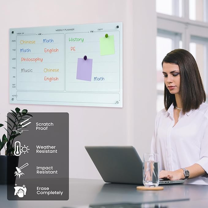 Magnetic Planner Writeboard 24"X36" Weekly Glass Calendar White Glassboard Premium Tempered Dry Erase Boards Frameless Wall Mounted (White)