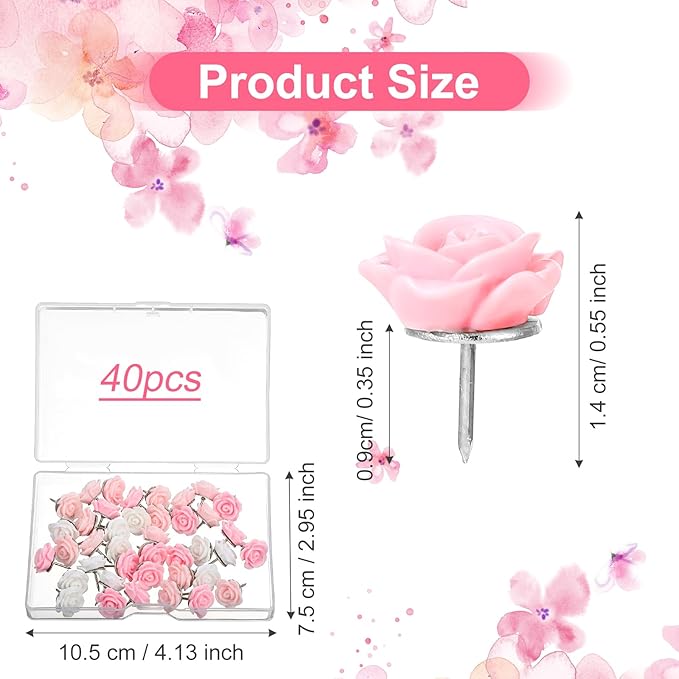 XLIUAX 40Pcs Flower Push Pins, Rose Thumb Tacks Cute Pink Thumbtacks for Cork Board Decorative Push Pins for Bulletin Board Photos Wall Maps Offices