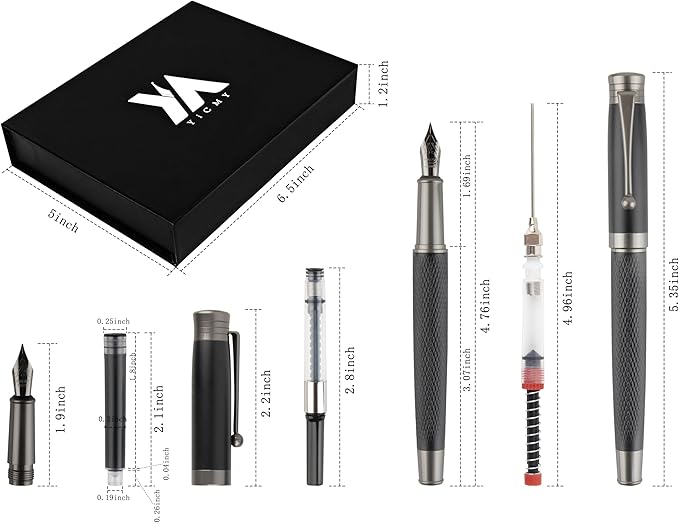 YICMY Fancy Fountain Pen Set – Fine & Medium Nibs, Includes 18 Ink Cartridges, Ink Converter, Syringe Filler, Luxury Gift for Writing, Journaling & Calligraphy，Black