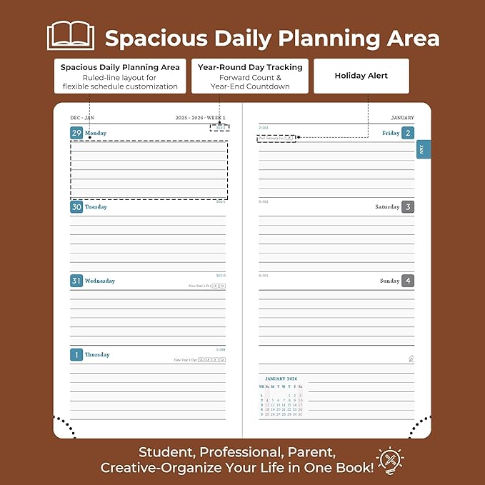 IN-LUXPRO Planner 2026 Daily Weekly and Monthly,6.5"x3.75",12 Months Spiral Bound Calendar Agenda with Self-adhesive Pen Holder,2026 Appointment Book with Vegan Leather Soft Cover,Brown