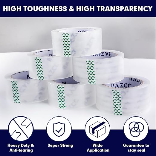 RAZCC Packing Tape, 24 Rolls Clear Heavy Duty Packaging Tape with Dispensers for Packing Shipping Moving Mailing, Thicker Sealing Tape -1.88" x 65 Yards Per Roll, 1560 Total Yards