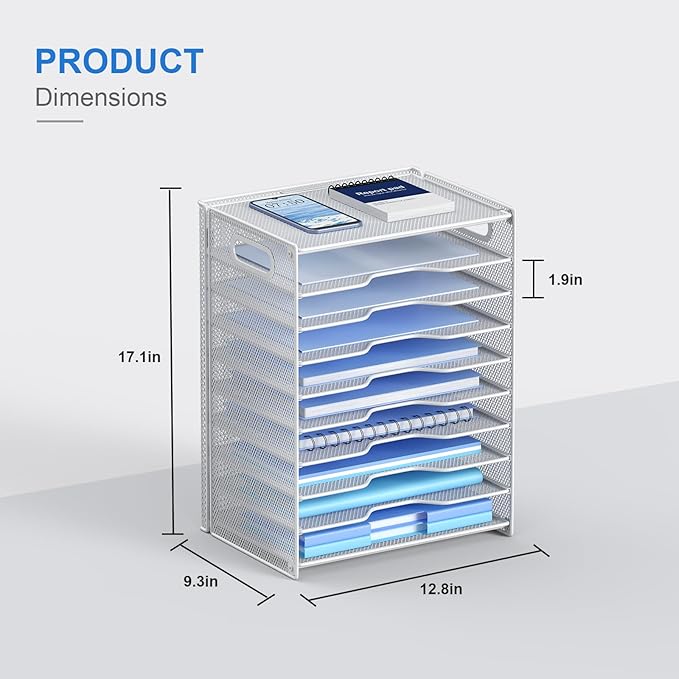OUTWOLF 10 Tier Paper Organizer - Letter Tray Mesh Desk File Organizer with Handles for Office School Desktop, White