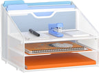 GAWERK Letter Tray Organizer, Mesh Desk File Organizer with 3 Paper Trays and 2 Vertical Upright Section (White)