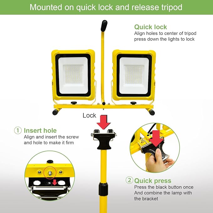25000 Lumen Work Lights with Stand, Dual Head LED Work Light with USB & Socket, Waterproof Portable Lights with Individual Switch, Led Flood Light with 72 Inch Adjustable Metal Telescoping Tripod