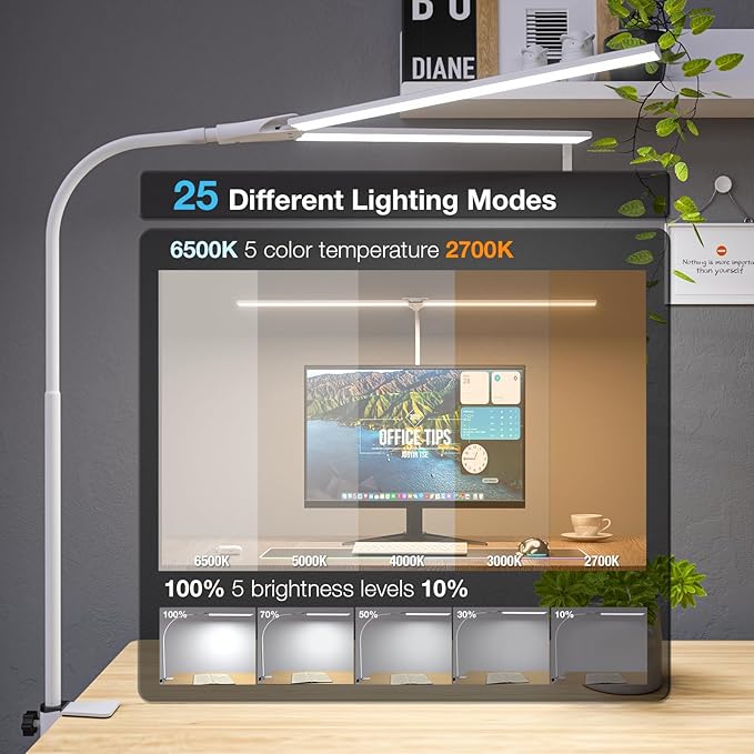 LED Desk Lamp, 31.5'' Wide Double Head Desk Lamps for Home Office, Dimmable 25 Lighting Modes 16W 1800lm Bright Task Lighting, Eye Caring Architect Table Lamp for Workbench Monitor Study, White