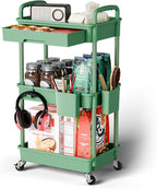 Sorgion 3 Tier Rolling Cart Organizer,Laundry Room Bathroom Organizers and Storage Office Shelves Mobile Shelving Unit Kitchen Trolley Cart with Wheels for Art,Craft,Diaper,Bedside,Snack(Green)