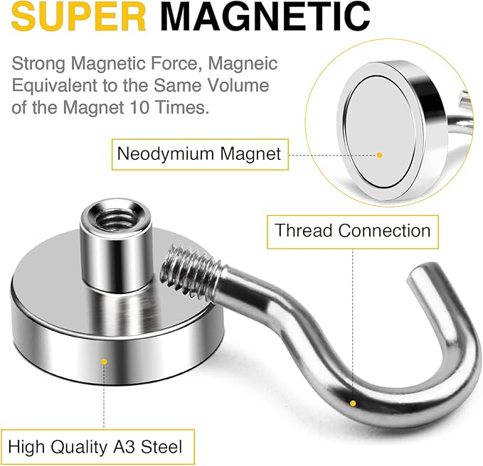 DIYMAG Magnetic Hooks, 50 LB Heavy Duty Magnet with Hook, 10 Packs Strong Rare Earth Neodymium Magnets for Hanging, Magnetics Hanger for Curtain, Home, Kitchen, Workplace