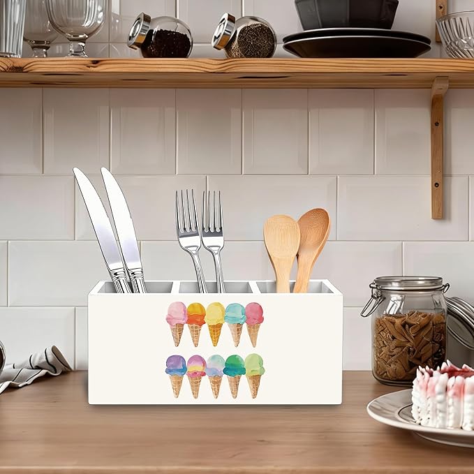 YQDEJ Summer Ice-Cream Pen Holder for Desk Accessories Lovers Gifts, Watercolor Ice Cream Cone Wooden Box Sign Desk Pencil Holder Organizer for Kids Room Home Classroom Decoration