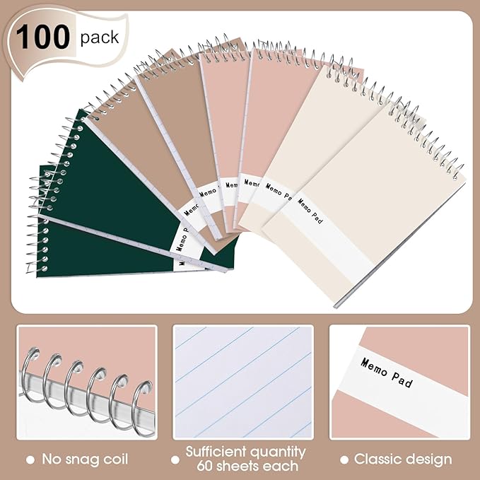 Thenshop 100 Pads Spiral Memo Pads Bulk 3 x 5 Inch Small Pocket Notepad Top Bound Lined 60 Sheets Mini Notebooks for School College Office Home Supplies (Mixed Colors)