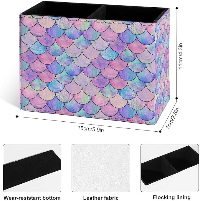 Famame Pastel Mermaid Scale Pencil Holder for Desk, Leather Desktop Container Pen Cup Storage Study Table Pen Organizer Makeup Brushes Holder for Office Home