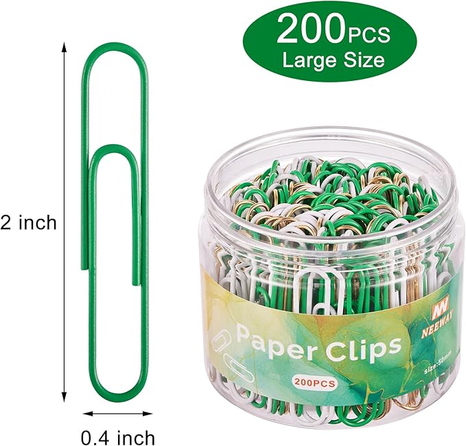 NEEWAY 200pcs Large Green Paper Clips, 2 Inch Jumbo Paper Clip, Ceative Colored Paperclips for Paperwork Office