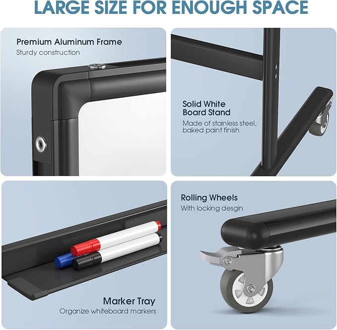 MaxGear Large Black Rolling Whiteboard on Wheels, 48" x 32" Double-Sided Magnetic Dry Erase Board with Stand, Reversible Standing Whiteboard Easel with Aluminium Frame for Office, School, Black