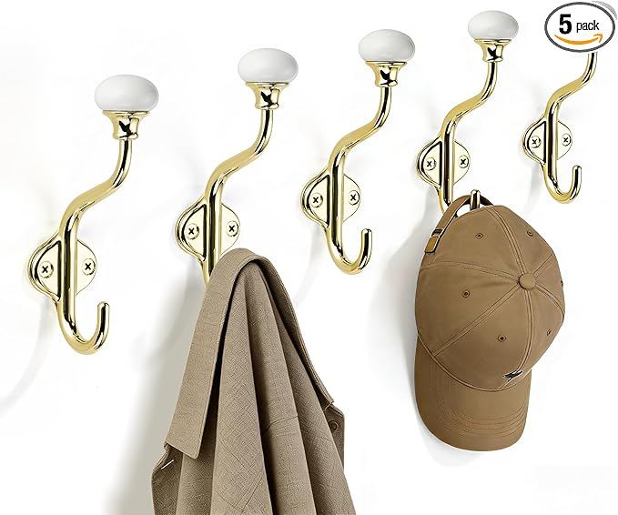 TUNNY Coat Hooks - 5 Pack Polished Gold Towel Hooks Robe Hooks Decorative Wall Hooks for Bathroom Bedroom Kitchen Towel Robe Clothes Cabinet Closet Bathroom Hardware