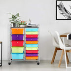 LDAILY 15 Drawer Rolling Storage Cart, Rolling Cart with Drawers for Classroom, Art Supply Craft Organizer on Wheel with Metal Frame & Handles for Home Office School