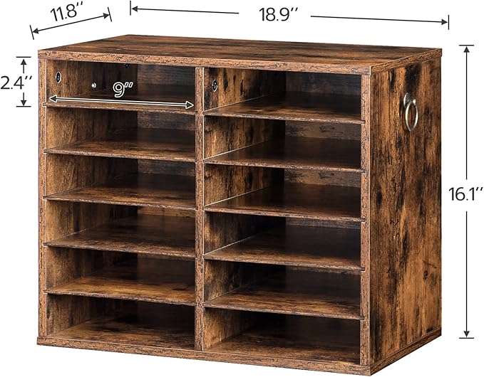 HOOBRO Literature Organizers, 12 Compartments Office Mailbox with Adjustable Shelves, Wood Countertop Literature Sorter for Office, Home, Classroom, Mailrooms Organization Rustic Brown FG12WF01