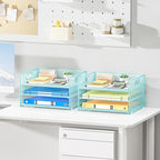 Subekyu 2-Pack 3-Tier Blue Metal Mesh Desk Paper Letter Tray & File Sorter Organizer with Handle + 1 Sliding Tray for Desk, Home, Office, School Supplies, A4 Paper and Accessories Storage
