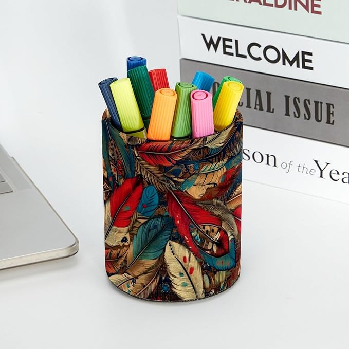 Leather Pen Holder for Desk, Colorful feathers Pencil Cup Desktop Organizer Makeup Brush Holders Office Supplies for Home, Kids & School