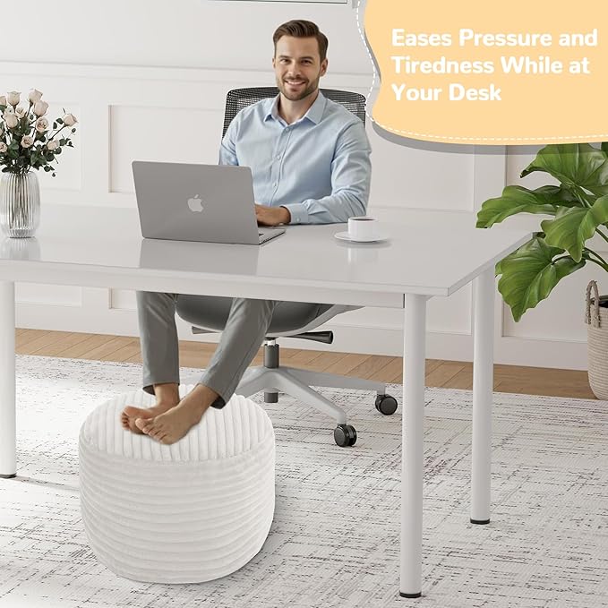 MeMoreCool Stuffed Round Pouf Ottoman Foot Rest, Soft Plush Floor Pouf Foot Stool, Corduray Footstool Footrest, Small Round Ottoman for Living Room Couch Sofa Chair, 20x15 Inch Beige