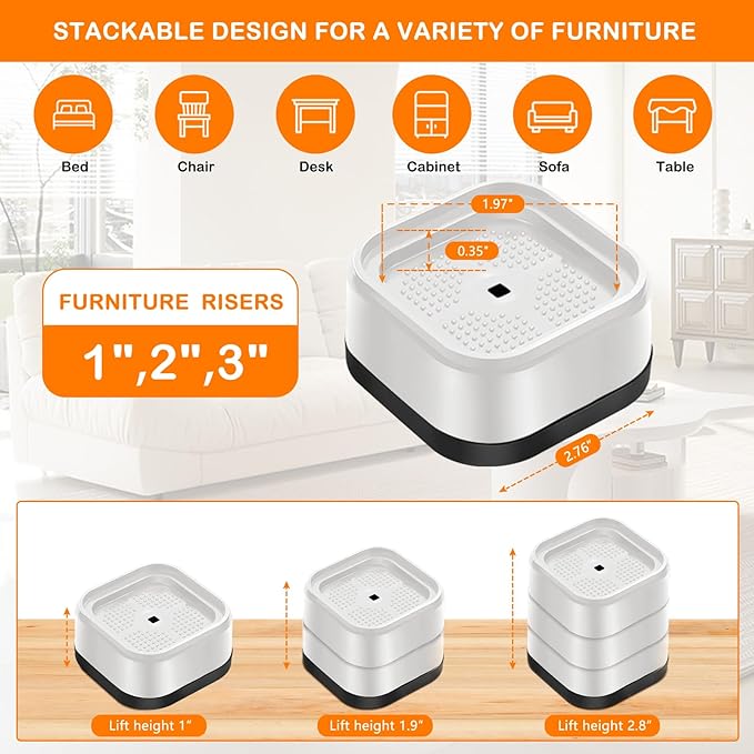 shouwuhho 4 Pack Furniture Risers Adjustable Bed Risers Heavy Duty Lifts Height 1", Square Stackable Bed Risers 1, 2 or 3 Inch for Desk Leg Table Couch Sofa Chair Bed Frame Legs Dorm, White