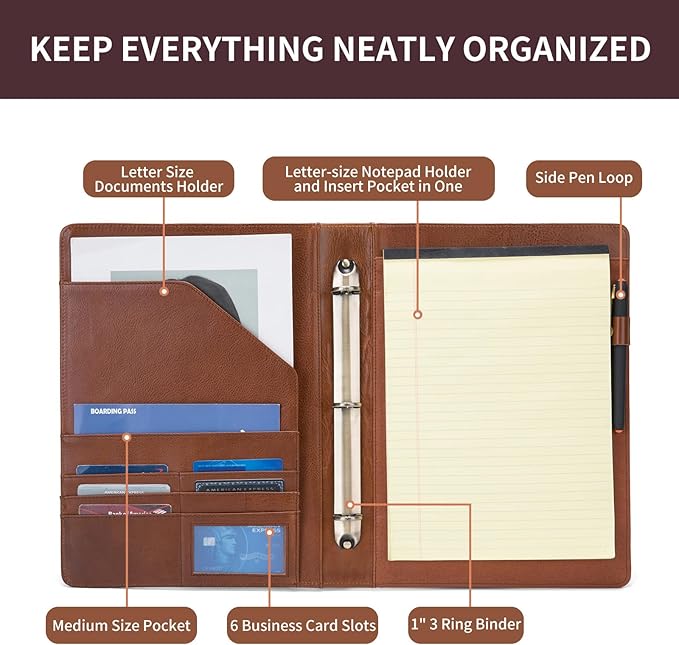 Geslun Personalized Genuine Leather 3 Ring Binder, Custom Engraved 8.5 x 11 Letter Size Folio with Pen Holder, Soft Notebook Portfolio Cover, Notepad Padfolio Organizer for Meeting, Brown, Oil Tanned