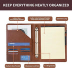 Geslun Personalized Genuine Leather 3 Ring Binder, Custom Engraved 8.5 x 11 Letter Size Folio with Pen Holder, Soft Notebook Portfolio Cover, Notepad Padfolio Organizer for Meeting, Brown, Oil Tanned