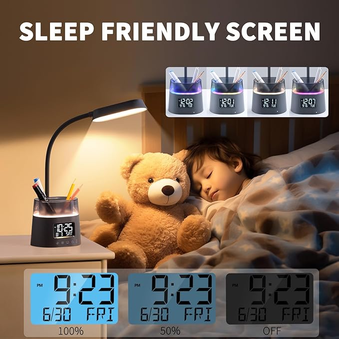 Led Desk Lamp for Home Office, Touch Table Lamp with USB Charging Port, 3 Color Modes Stepless Dimmable Reading Light, Gooseneck Lamp for Dorm Room, Bedside Study Light with Clock,Adapter Include