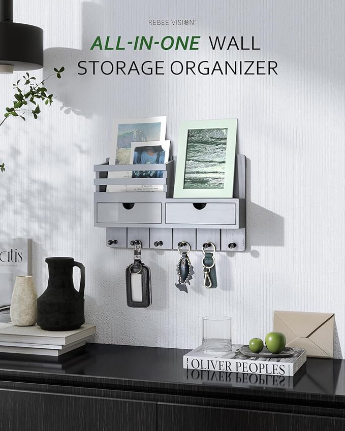 Rebee Vision Decorative Key Holder Wall Mount for Aesthetic Room Decor - Stylish Mail Holder for Wall with 2 Drawer Organizer and 6 Key Hooks - Modern Apartment Essentials (Gray)