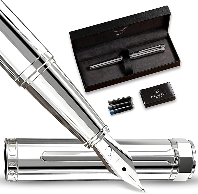 Ellington Pens Luxury Fountain Pen Set - Extra Fine Nib- Includes 3 Ink Cartridges, Refillable Ink Converter, Gift Box- Fountain Pens For Writing, Calligraphy, Journaling, Sketching (Silver Sonata)
