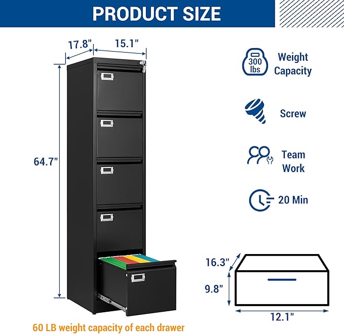 Fesbos File Cabinets - 5 Drawers Vertical 17.8" Deep Lockable Filing Cabinet - Black & Gray Metal Storage Cabinets for Home Office to Hanging Files Letter/Legal/F4/A4 Size
