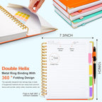 Hardcover Spiral Notebook 8"x10" Journal Notebook with Tabs and Removable Dividers 300 Pages 5 Subject Notebook College Ruled, Faux Leather Spiral Bound Notebook for Women School Work (Orange)