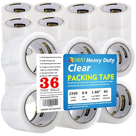 APORNI Packing Tape Heavy Duty Refill 36 Rolls Sealing Great for Packing Box Shipping and Moving Supplies Packaging 1.88" x 65 Yards 3" Core 2.0 Mil Thick Adhesive