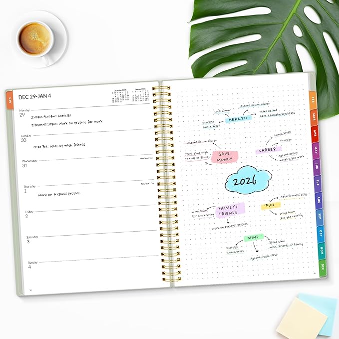 SUNEE 2026 Planner, Weekly and Monthly Calendar Planner, January 2026-December 2026, Daily Agenda with Tabs, Note Pages, Spiral Binding, 8.5"x11", Green