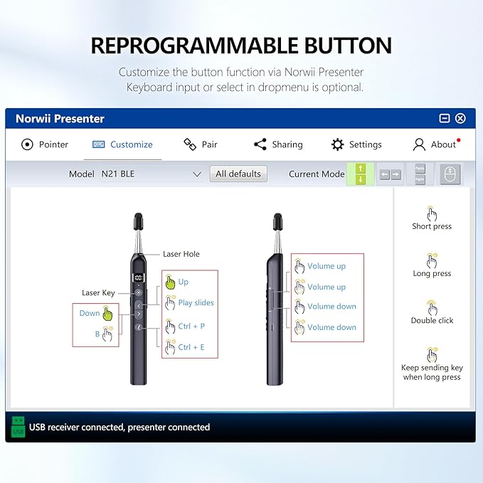 Norwii N21 Bluetooth Presentation Clicker with Telescopic Teaching Pointer, Presentation Remote with Retractable Stick for PowerPiont, Wireless Presenter, Slide Advancer (Black - Green Pointer)