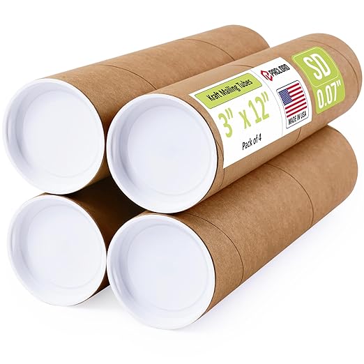 3" x 12" Reinforced Kraft Paper Mailing Tubes, Pack of 4 Tubes with 2 Caps Each – USPS Approved Poster Tube – Made in USA Cardboard Tube for Shipping and Storing Posters, Prints, Artwork, or Documents