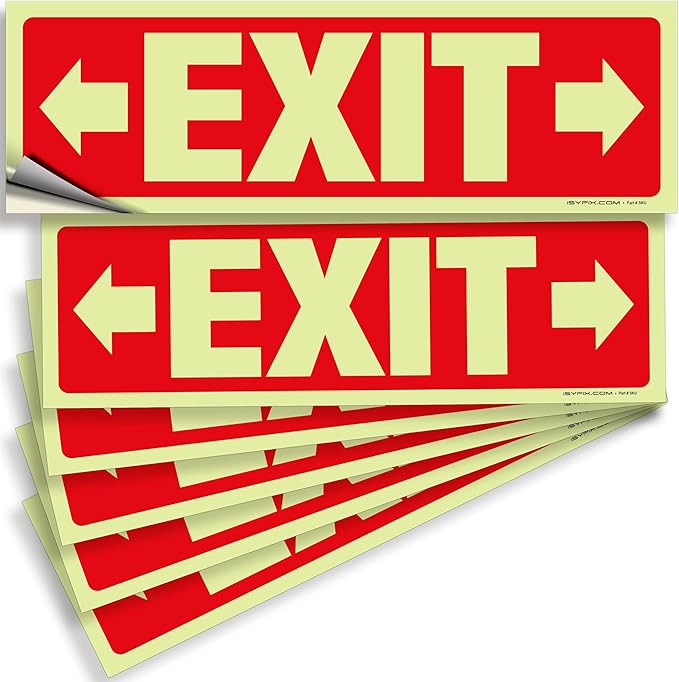 iSYFIX Exit Stickers Signs with Directional Right & Left Arrow 6 Pack 12x4 Inch - Glow in the Dark Photoluminescent Vinyl for Office, School, Business, Warehouse - UV & Weather Resistant for Indoor/Outdoor Use