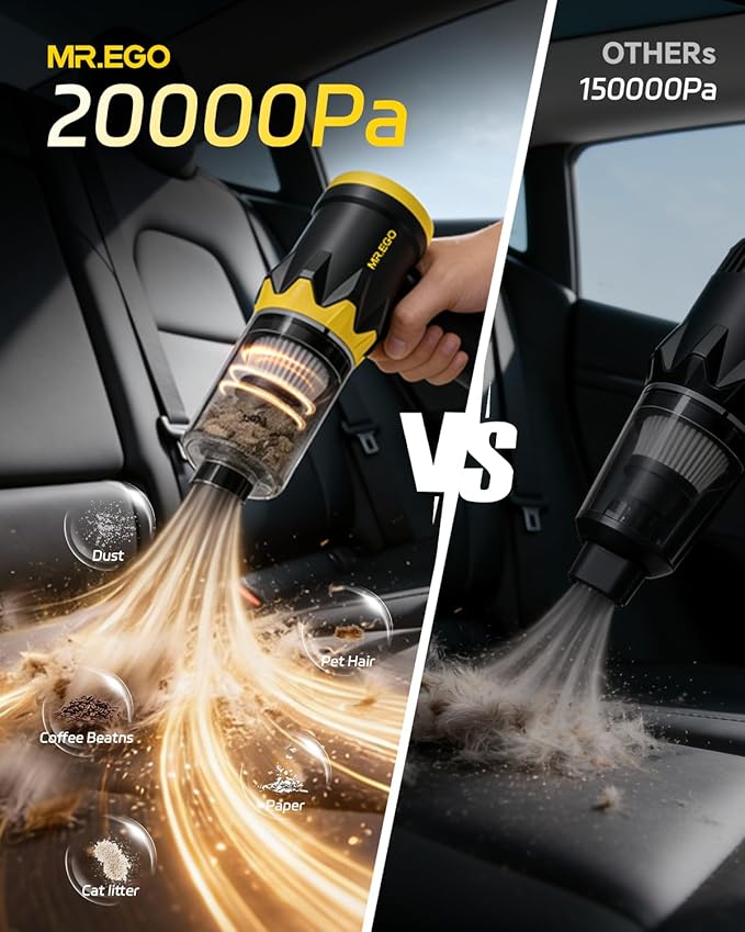 Mr.ego Handheld Car Vacuum Portable Cordless, 20000Pa High Power Suction Mini Vacuum Cleaner, 4-in-1 Portable Vacuum for Car, Home, Office & Desk Cleaning