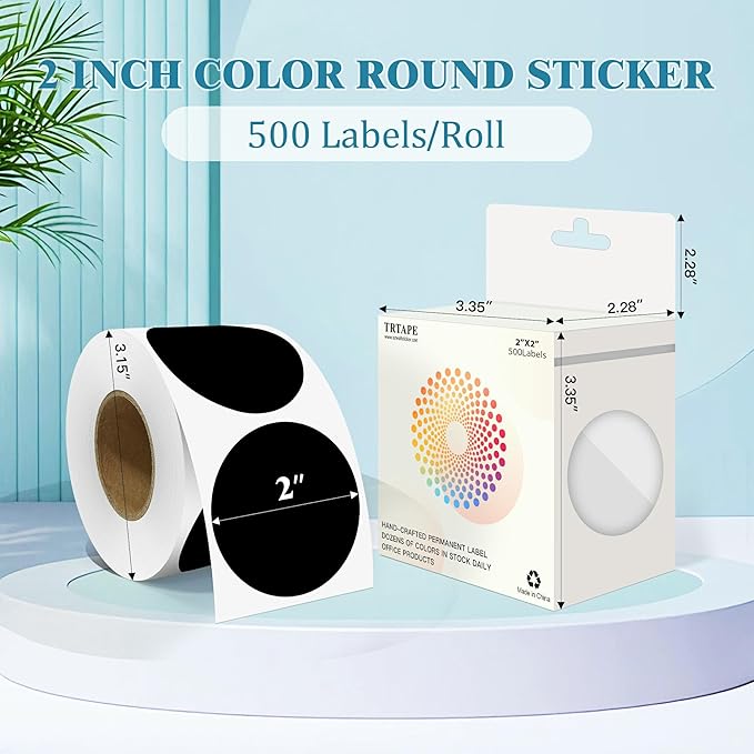 2 Inch Round Color Coding Labels (500 Count) - Black Dot Stickers Round Labels with Dispenser Box for Warehouse, Filing, Industrial, Office Organization