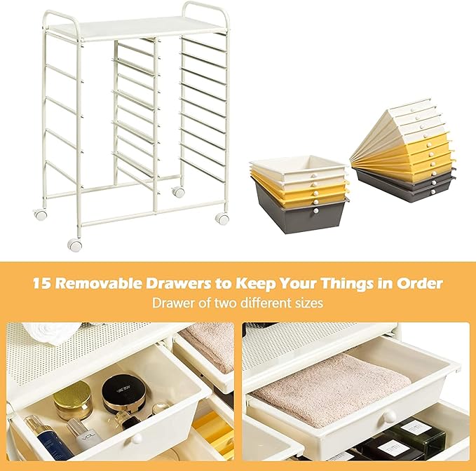 HAPPYGRILL 15-Drawer Rolling Cart, Storage Carts with Removable Drawers & Steel Frame, Utility Cart on Lockable Wheels for Home, School, Office, Yellow